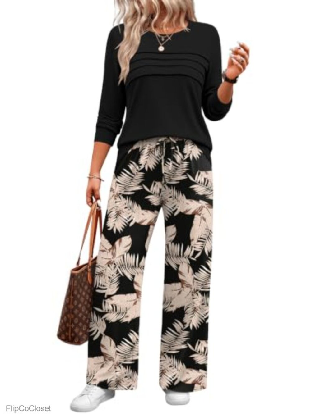 Womens 2 Piece Lounge Set Long Sleeve Top Wide Leg Pants Fall Travel